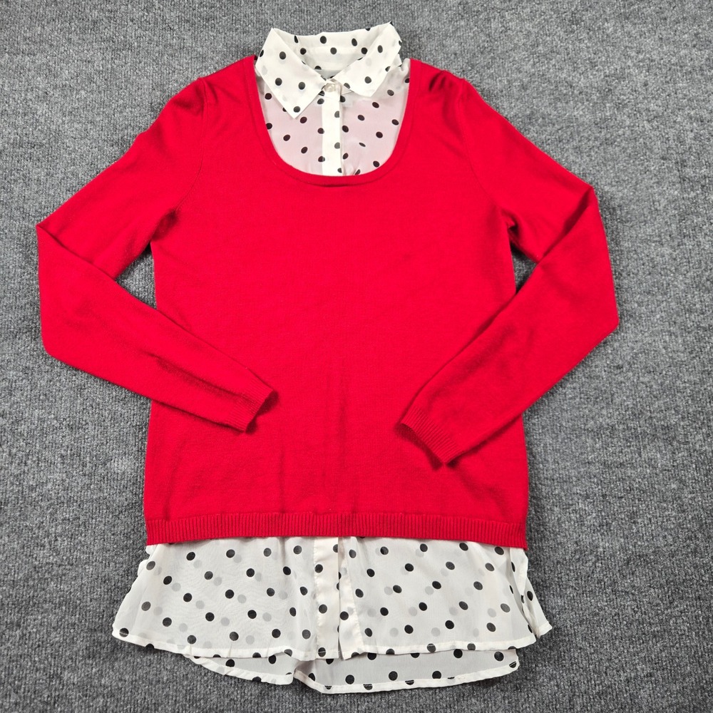 Kim Rogers Layered Sweater Women Small Red Polka Dot 2-in-1 Top